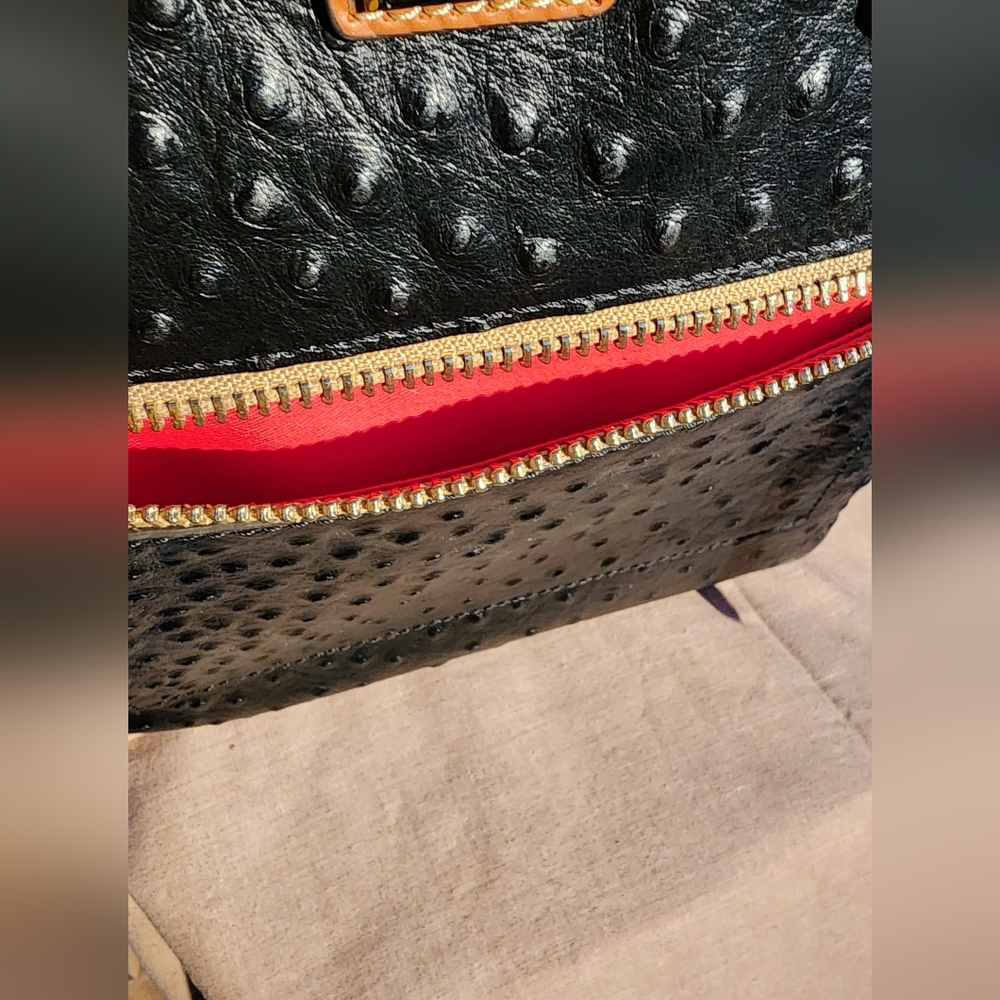 Dooney & Bourke Black and Tan Ostrich-Embossed Tote - Picture 3 of 9